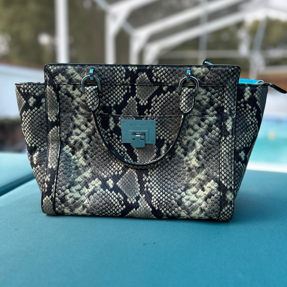 Black and Gray Snakeskin Shoulder Bag with Metallic Hardware